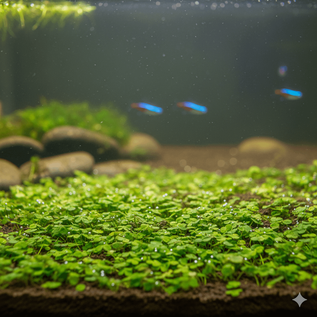 Marsilea hirsuta en acuario, alfombra verde de hojas finas