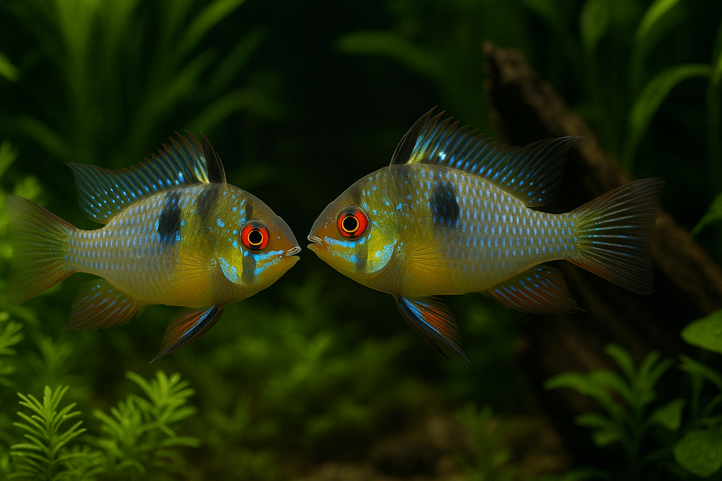 Peces tropicales de agua dulce, cíclidos enanos Ramirezi nadando en un acuario plantado.