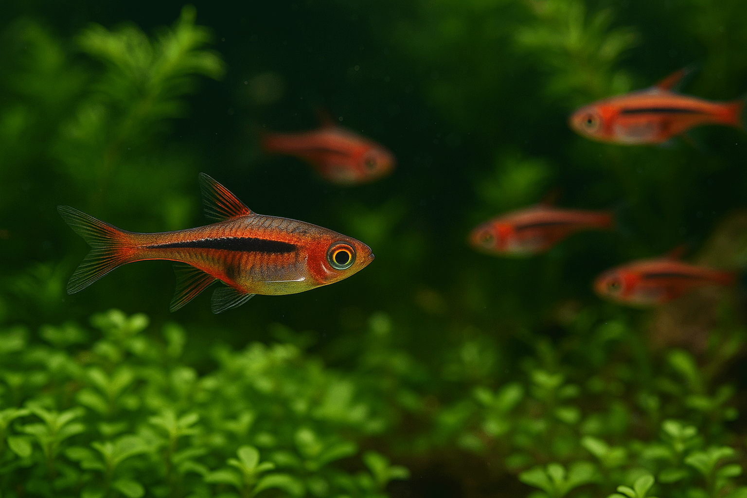 Peces tropicales de agua dulce, rasboras chili nadando entre plantas acuáticas en un acuario plantado.