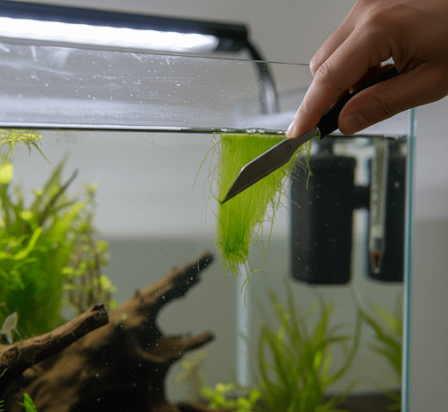 Algas en el acuario: verdín en cristal y rasqueta limpiando; plantas sanas desenfocadas al fondo.