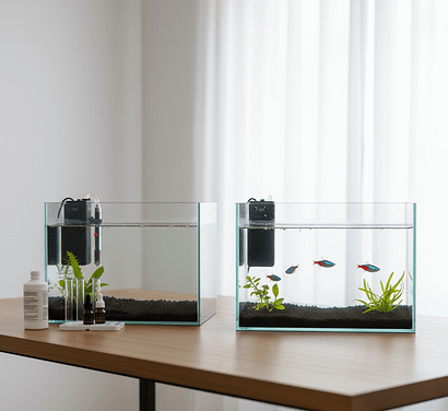 Ciclar acuario: método sin peces vs con peces; dos acuarios lado a lado con bacterias y peces en condiciones estables.