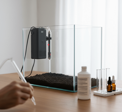Pasos para ciclar un acuario desde cero: tanque sin peces con filtro, calentador y bacterias; tests de agua en mesa.