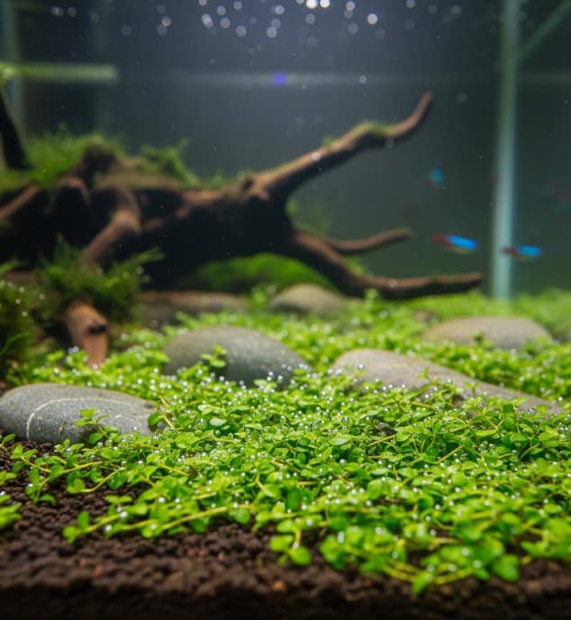 Planta tapizante Monte Carlo en acuario, formando un tapiz verde denso